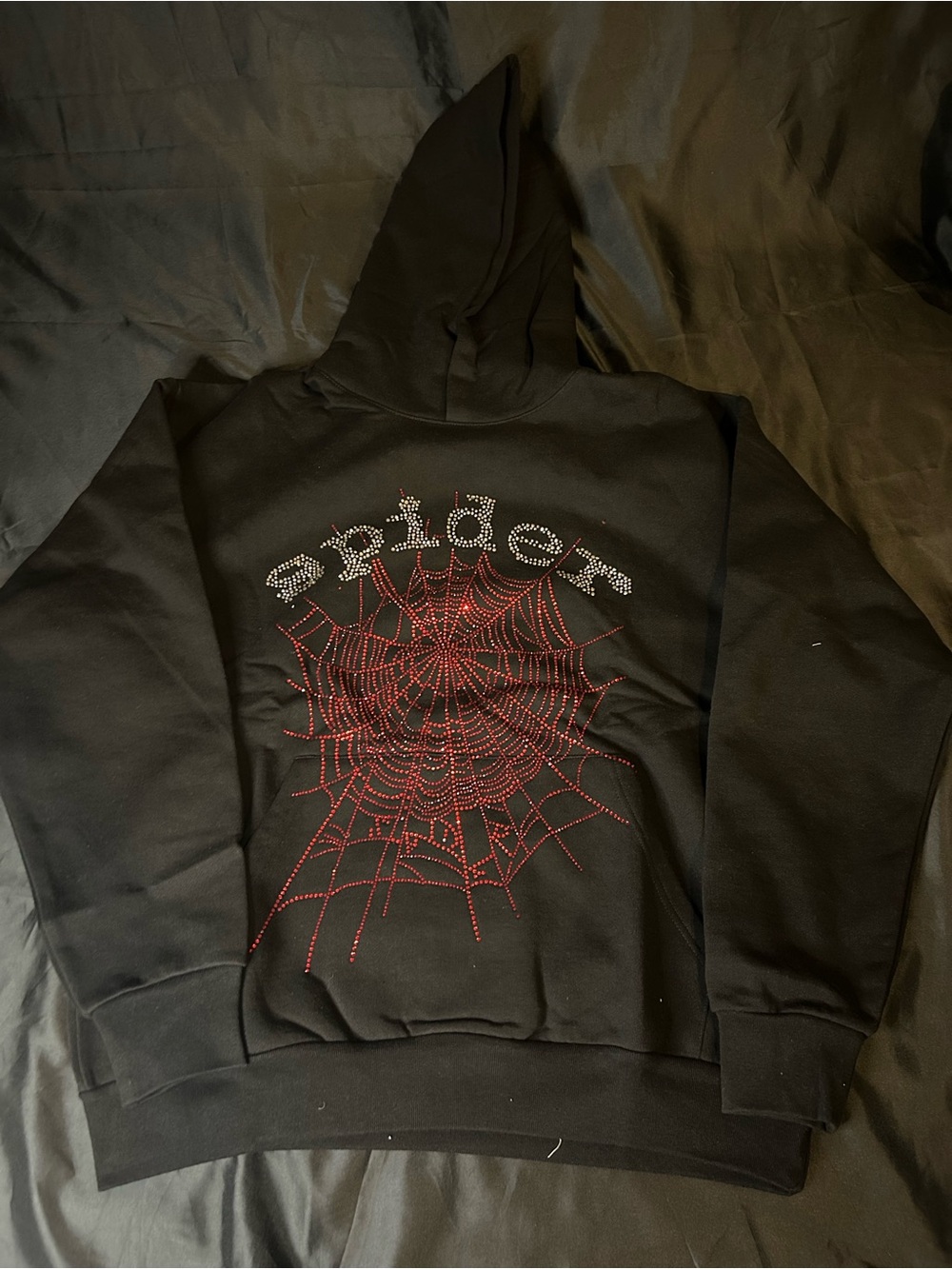 Black Hoodie with Red Rhinestone Spiderweb Design